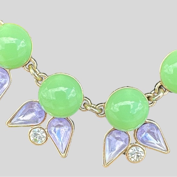 J Crew Statement Necklace, Faceted Teardrop & Round Rhinestones with Green Beads - Picture 12 of 17